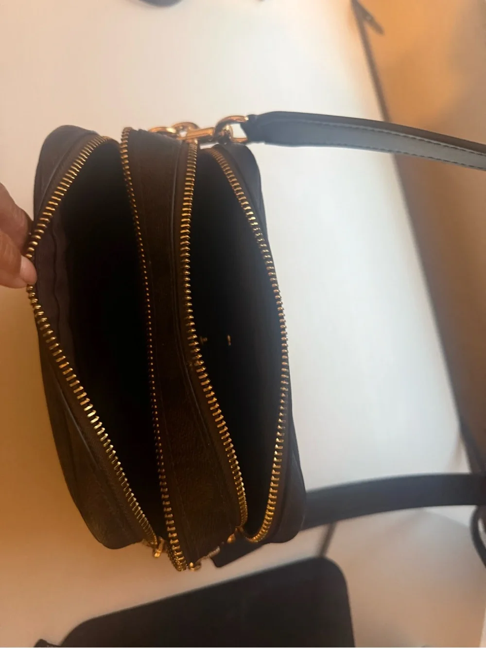 Coach brown with black Leather Crossbody Camera Bag with Gold Hardware